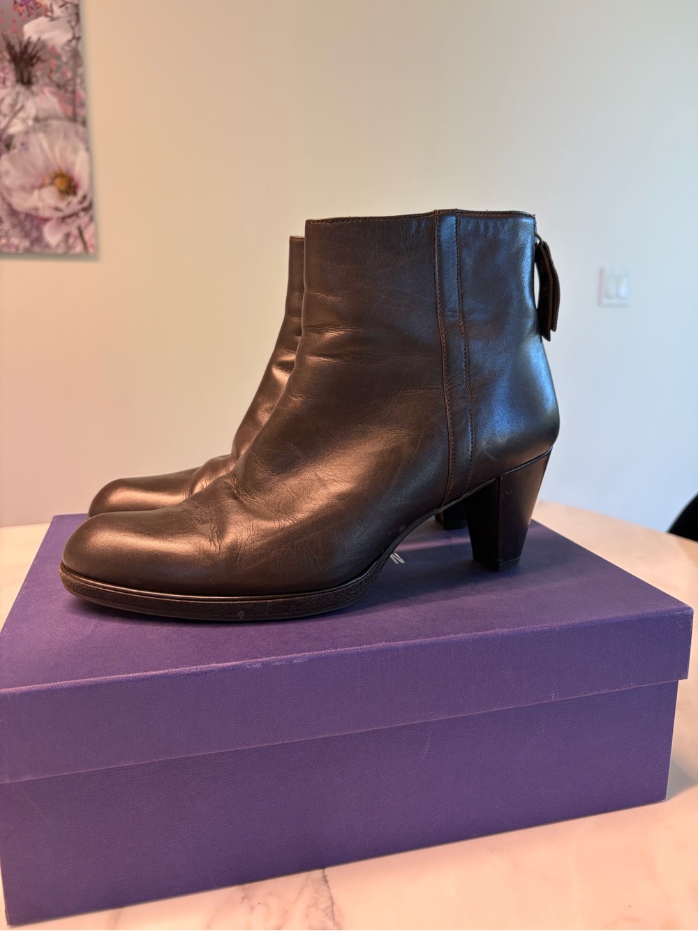 Stuart Weitzman Chocolate Leather ‘Restart’ Back-Zip Booties